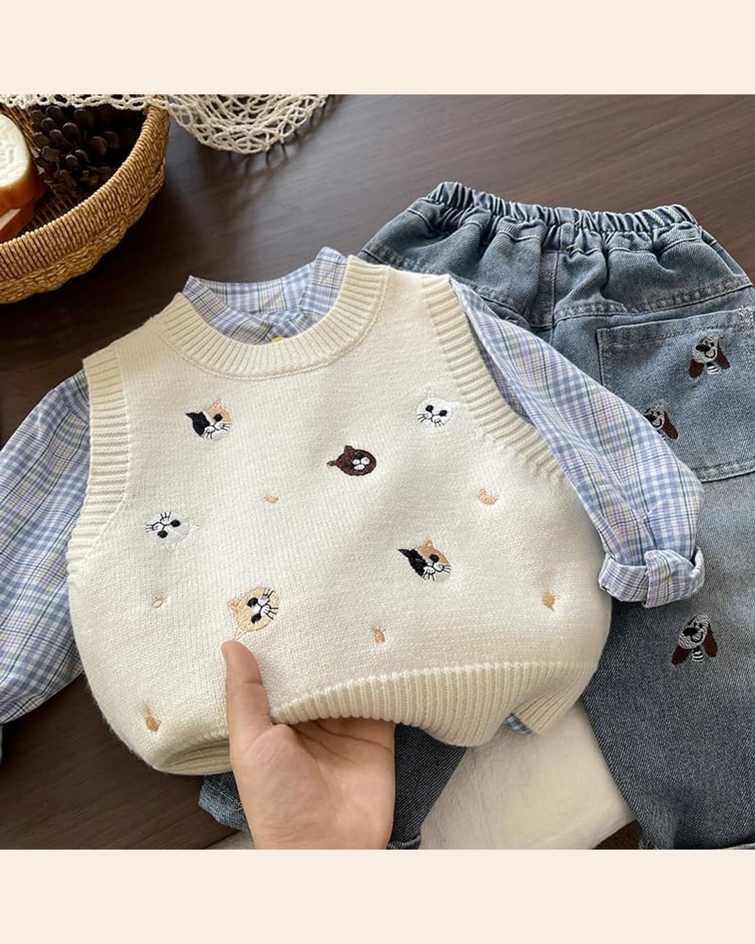 Ensemble 3 pièces garçon – gilet brodé, chemise à carreaux et jean