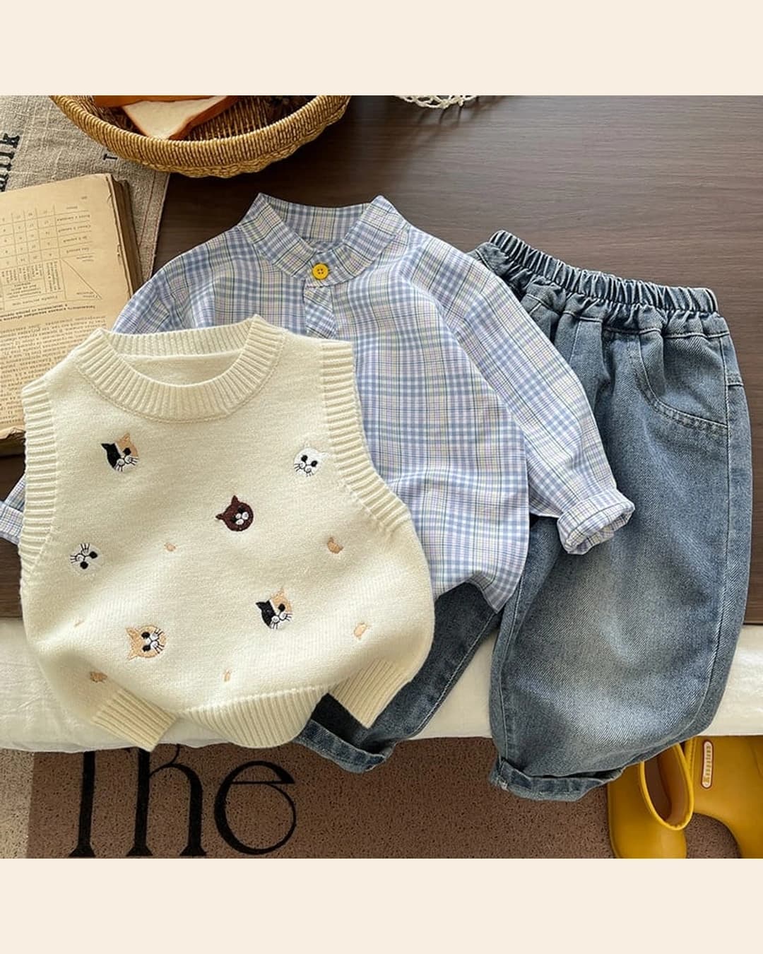 Ensemble 3 pièces garçon – gilet brodé, chemise à carreaux et jean 2