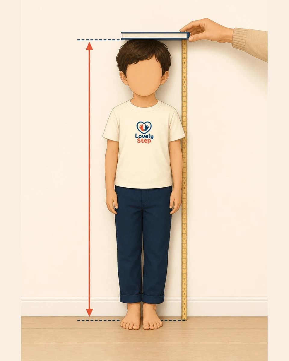 Guide des âges — Mesurez l’enfant debout et pieds nus comme illustré. Utilisez sa stature en priorité ; l’âge reste indicatif. Entre deux tailles, choisissez la plus grande.